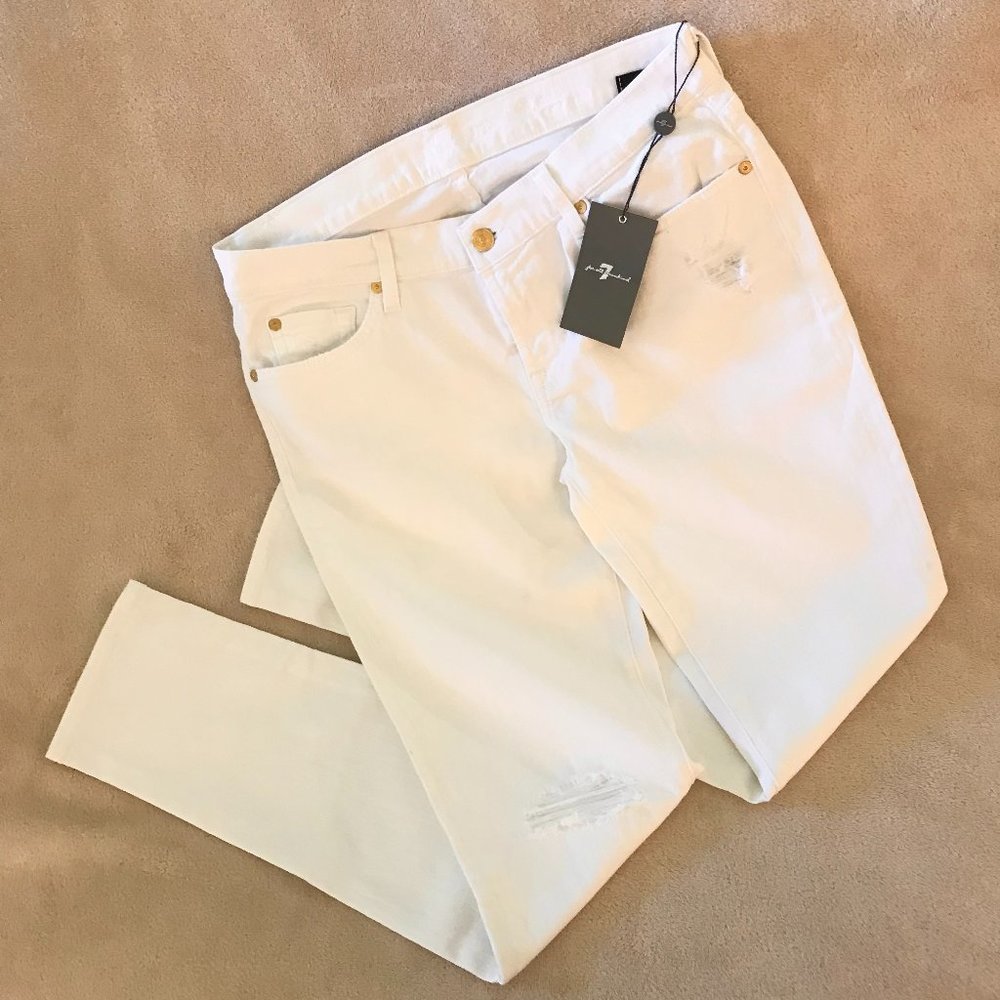 7 FOR ALL MANKIND HIS & HERS DISTRESSED MID-RISE SKINNY JEANS SIZE 30 in White